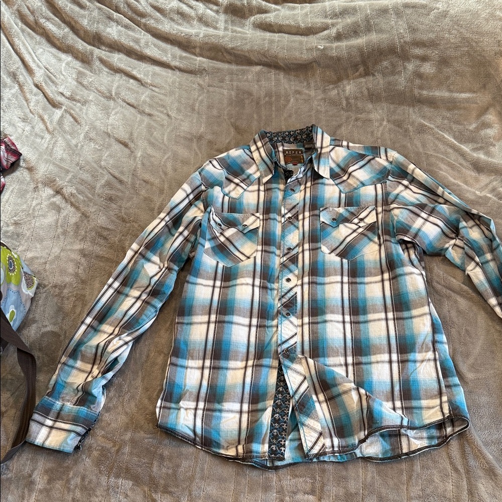 Roper Turquoise and Brown Plaid Shirt